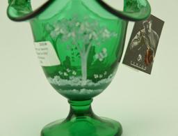 Lot #35- Pair of 2004 Fenton Mary Gregory collection emerald Four seasons basket  “Bouquet for