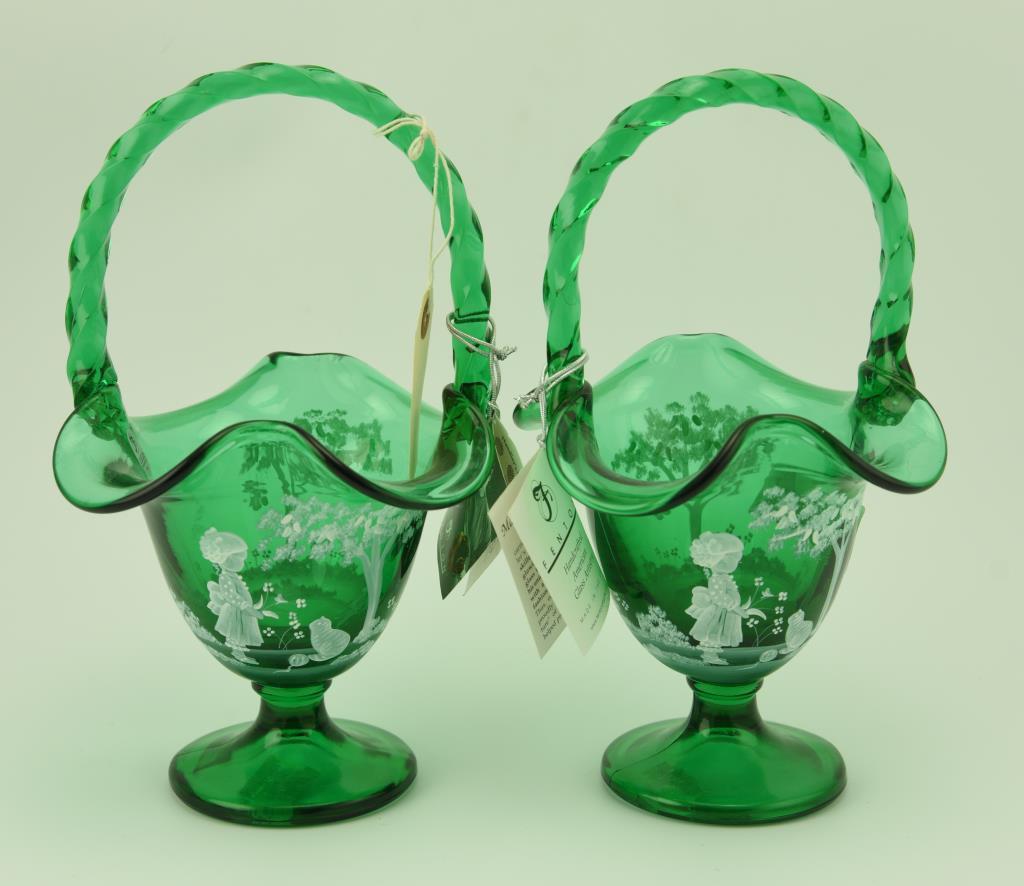 Lot #35- Pair of 2004 Fenton Mary Gregory collection emerald Four seasons basket  “Bouquet for