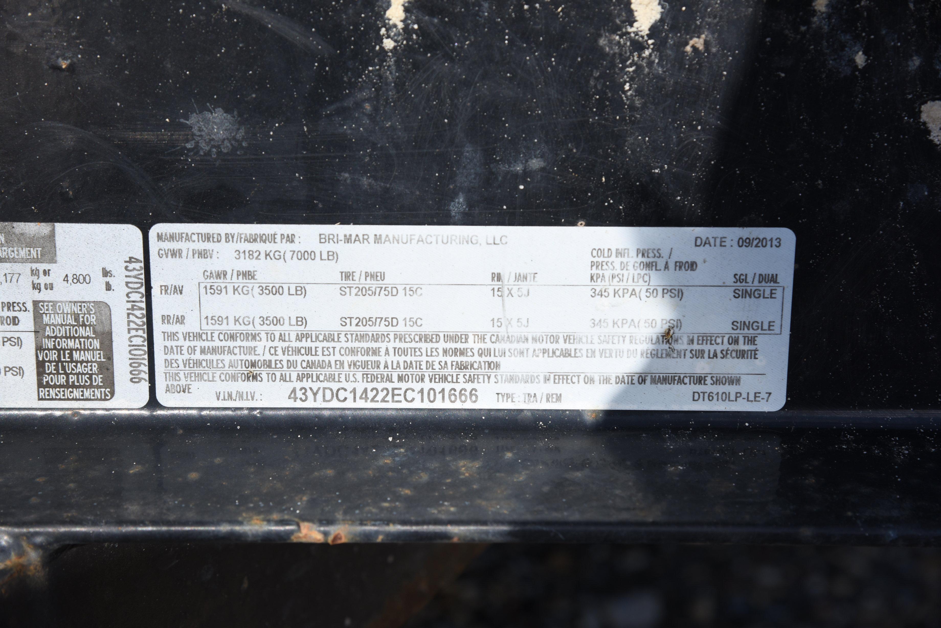 Lot #900B - 2014 Bri-Mar model 610LE Dual Axle 7000lb Dump trailer w/ ramps