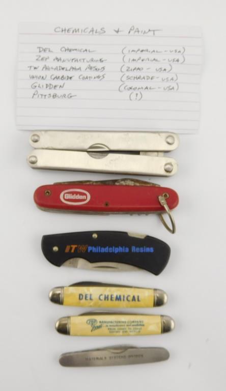 Lot #15 - (6) Chemicals/Paint Advertising Pen Knives to include: Del Chemical, Zep  Manufacturing,