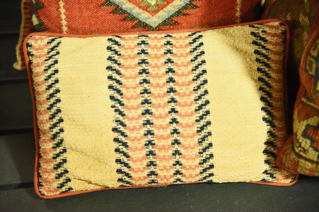 Lot 1389 - 5 pillows made from antique carpet & textiles: 3 made from rugs, another is done in