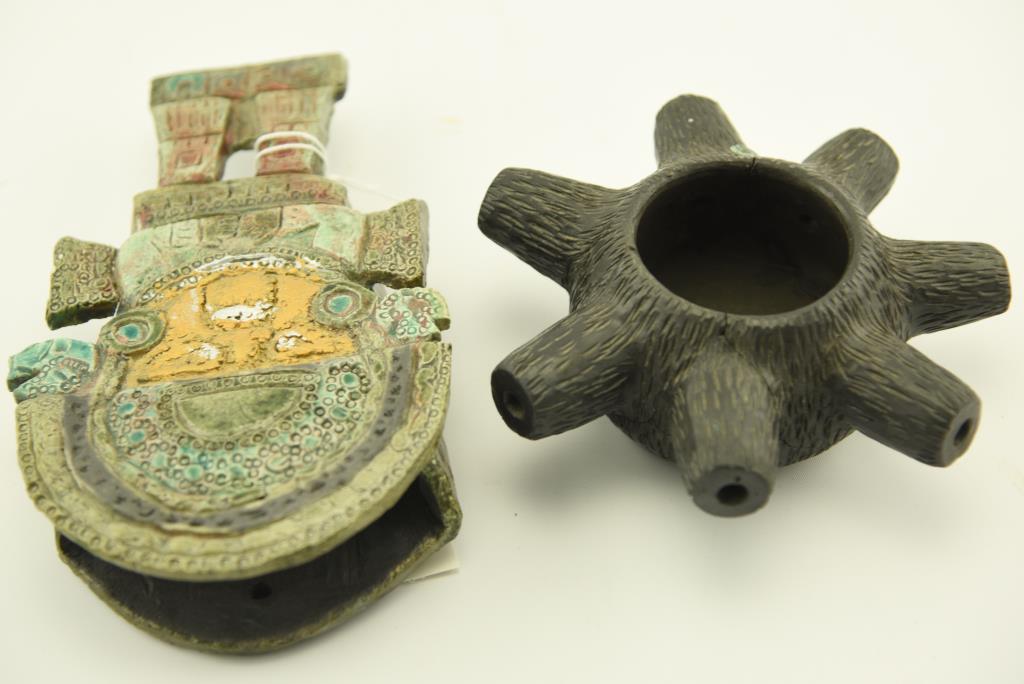 Lot 1413 - JayDee signed art pottery Peruvian idol wall pocket along with a piece pipe signed