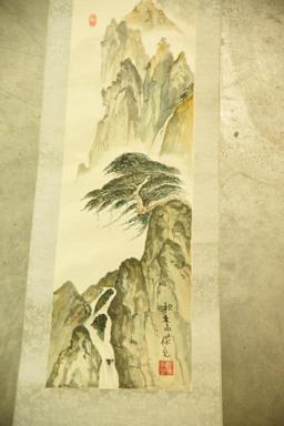Lot 1556 - Oriental scroll with watercolor painting of mountain scene