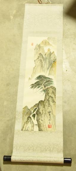 Lot 1556 - Oriental scroll with watercolor painting of mountain scene