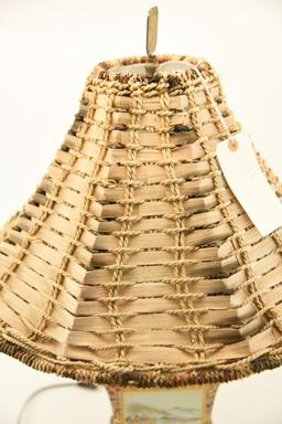 Lot 1557 - Oriental Satsuma style old  painted porcelain lamp with wicker shade (27 ½” in height)