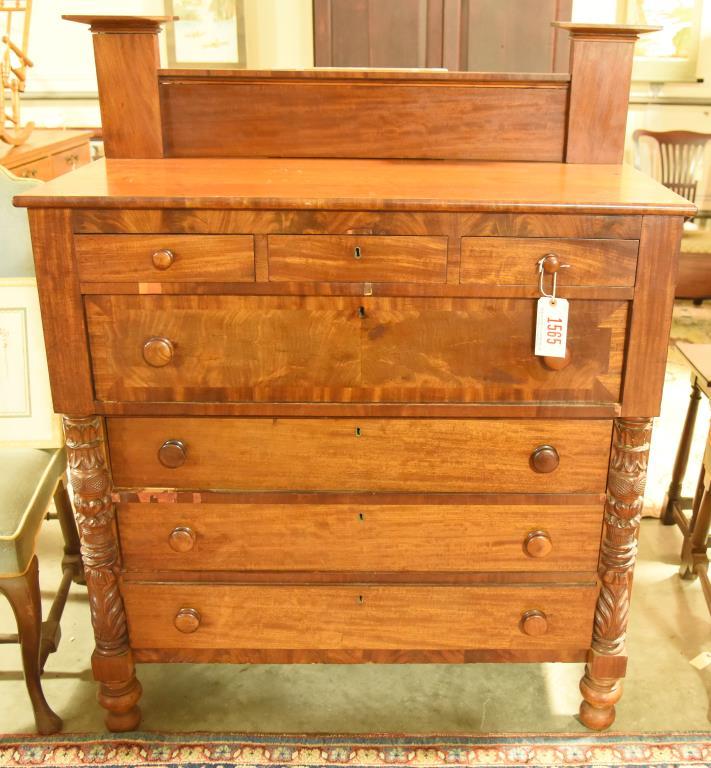 Lot 1565 - Antique Empire 7 drawer chest from New Hampshire with backsplash and carved columns