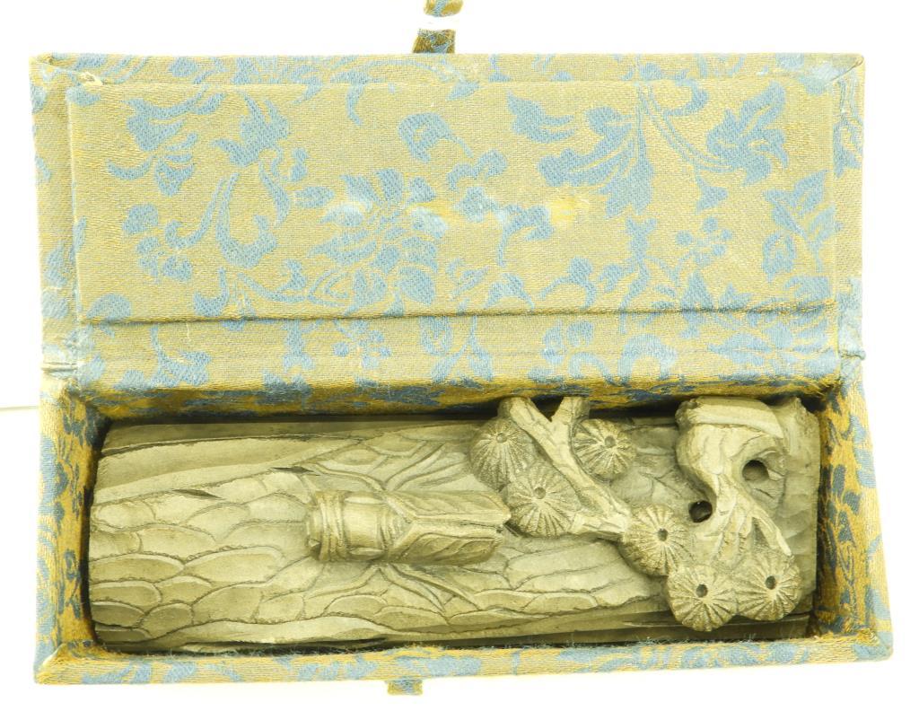 Lot 1714 - Chinese carved scroll weight along with iron censor: both in original boxes
