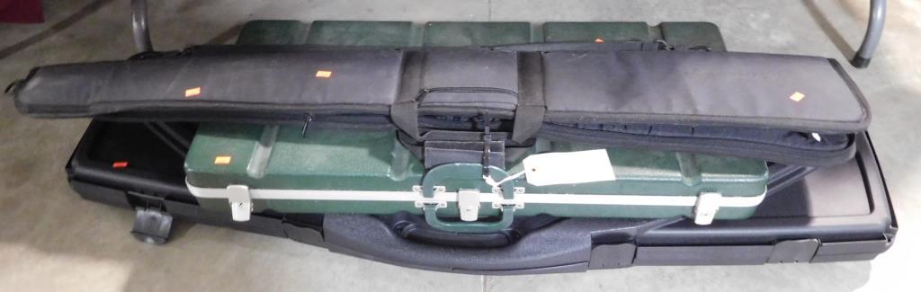 Lot #14 - Weatherby Rifle soft case, Double R Rifle hardcase, Protector Kaddy green hard  case