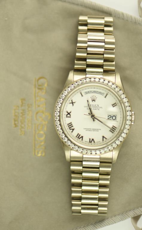 Lot #3 - 18K White Gold Men’s Rolex Presidential Wrist Watch with Roman Numeral Dial with Custom