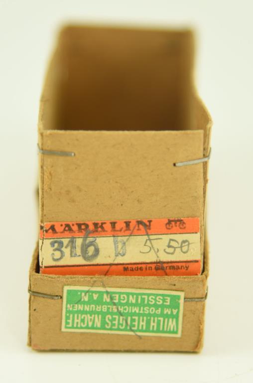 Lot #17 - (8) Vintage Marklin train cars: Model 310 Baggage Car, (4) Boxcars, model 321 G Stake