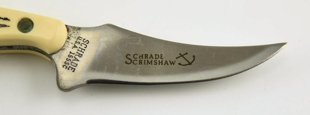 Lot # 4581 - (2) Knives: Schrade Scrimshaw skinning knife, Schrade 4” folder with synthetic handle