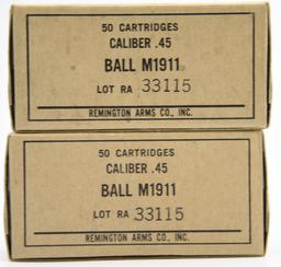 Lot #2302 - (2) boxes of Remington Arms Co. Caliber .45 Ball M1911 ammo (approx 100 rounds total)	