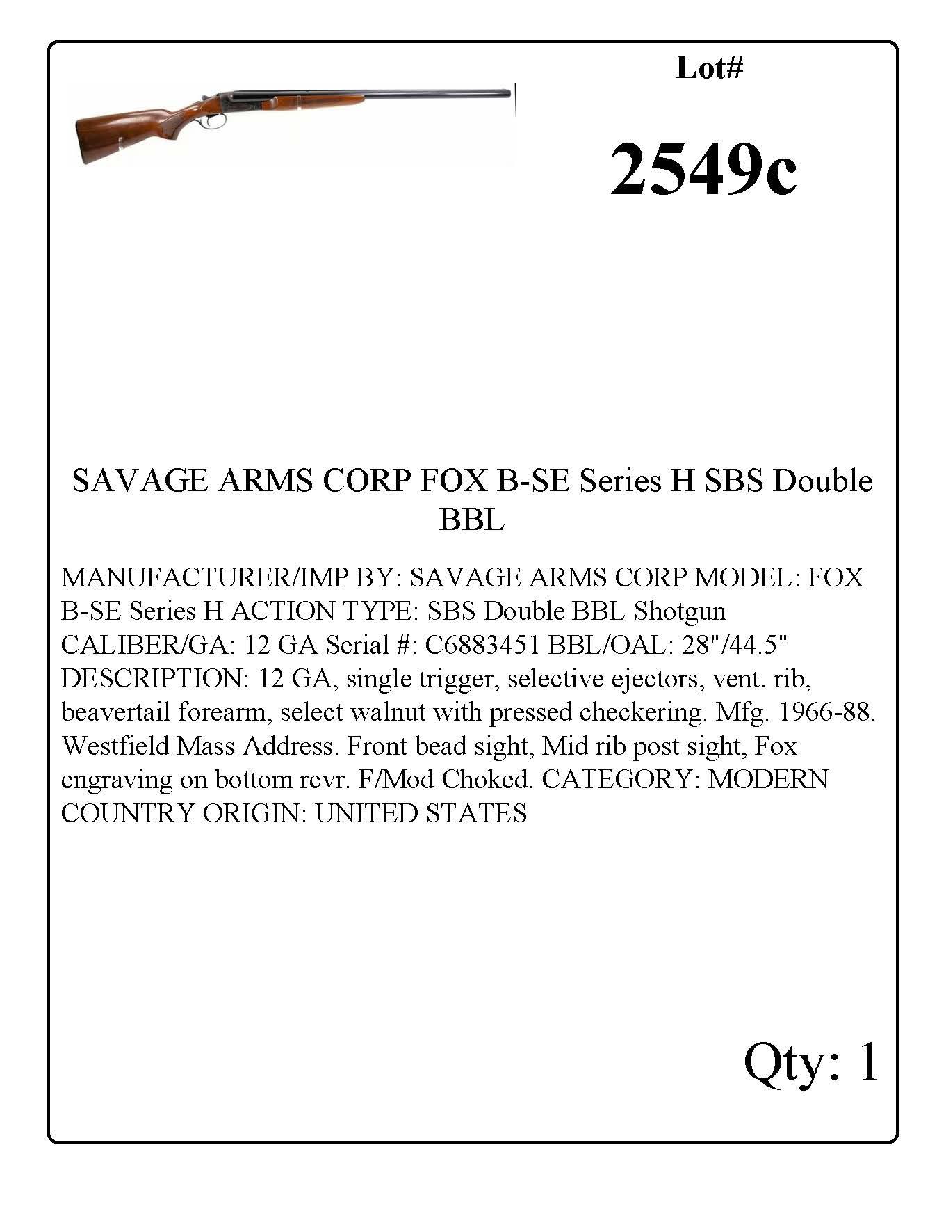 SAVAGE ARMS CORP FOX B-SE Series H SBS Double BBL 12 GA