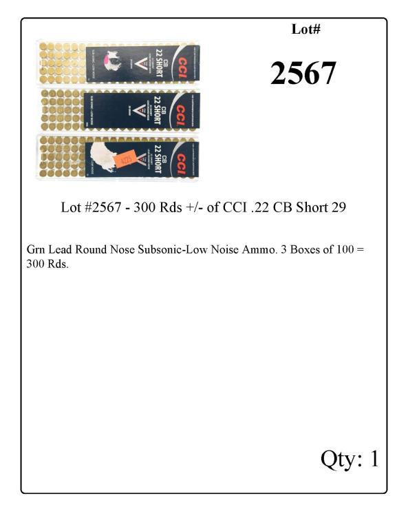 Lot #2567 - 300 Rds +/- of CCI .22 CB Short 29 Grn Lead Round Nose Subsonic-Low Noise Ammo.