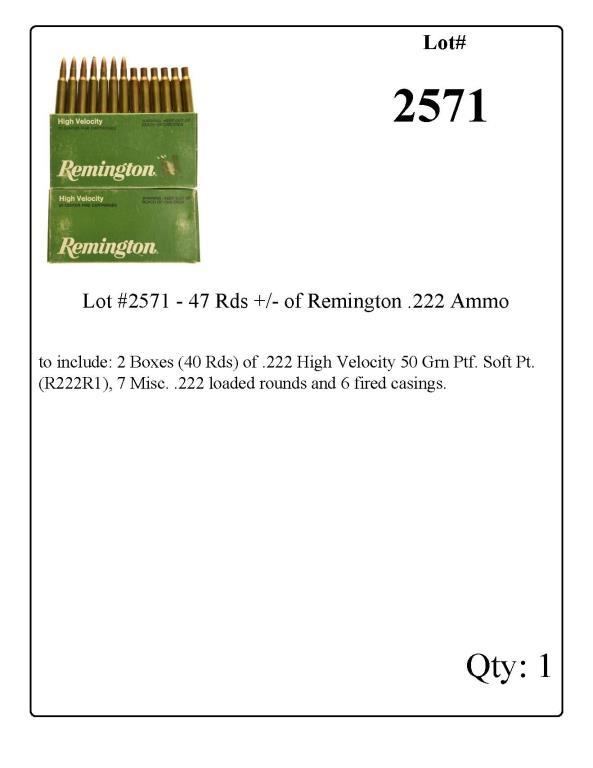 Lot #2571 - 47 Rds +/- of Remington .222 Ammo to include: 2 Boxes (40 Rds) of .222 High Velocity