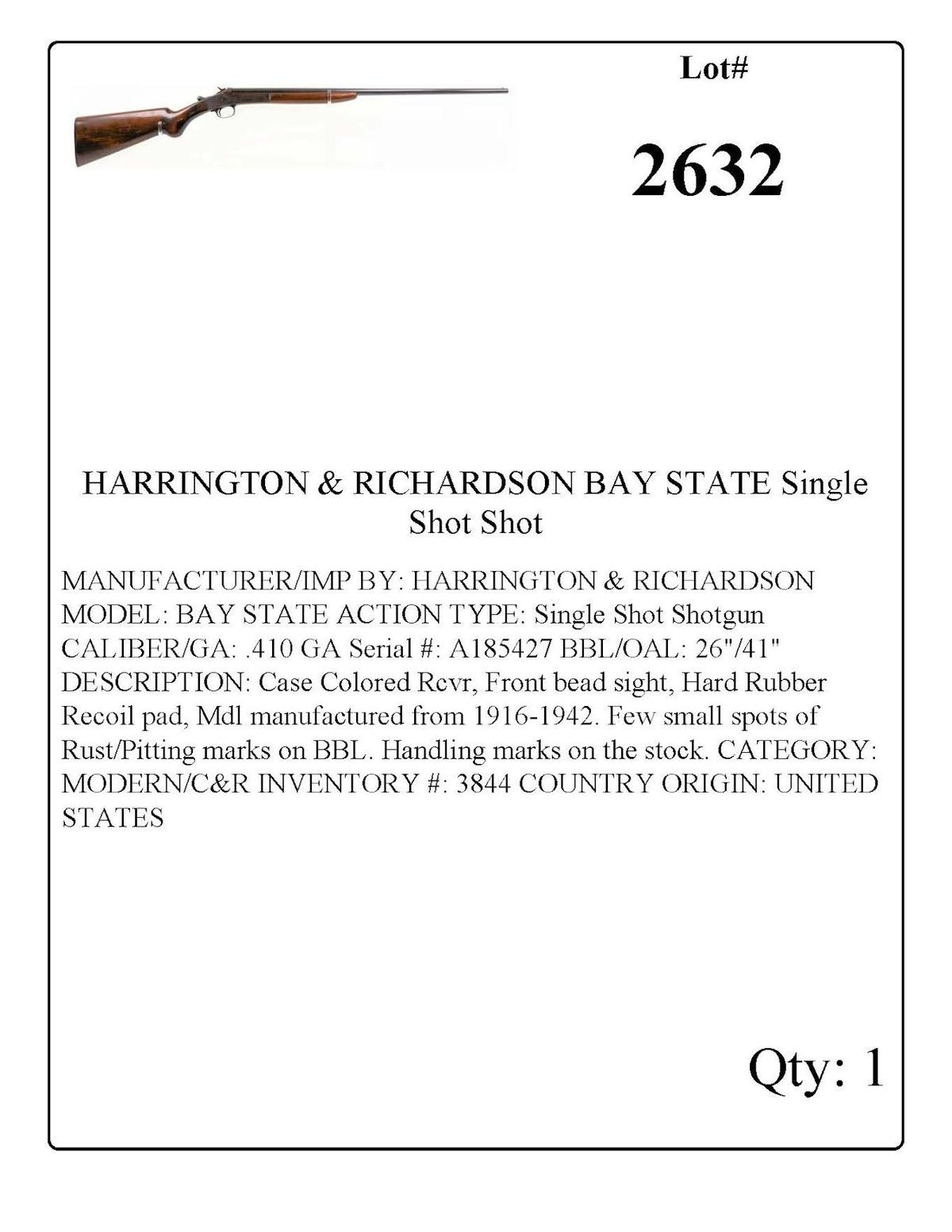 HARRINGTON & RICHARDSON BAY STATE Single Shot Shotgun