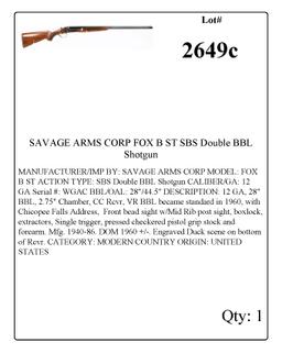 SAVAGE ARMS CORP FOX B ST SBS Double BBL Shotgun 12 GA