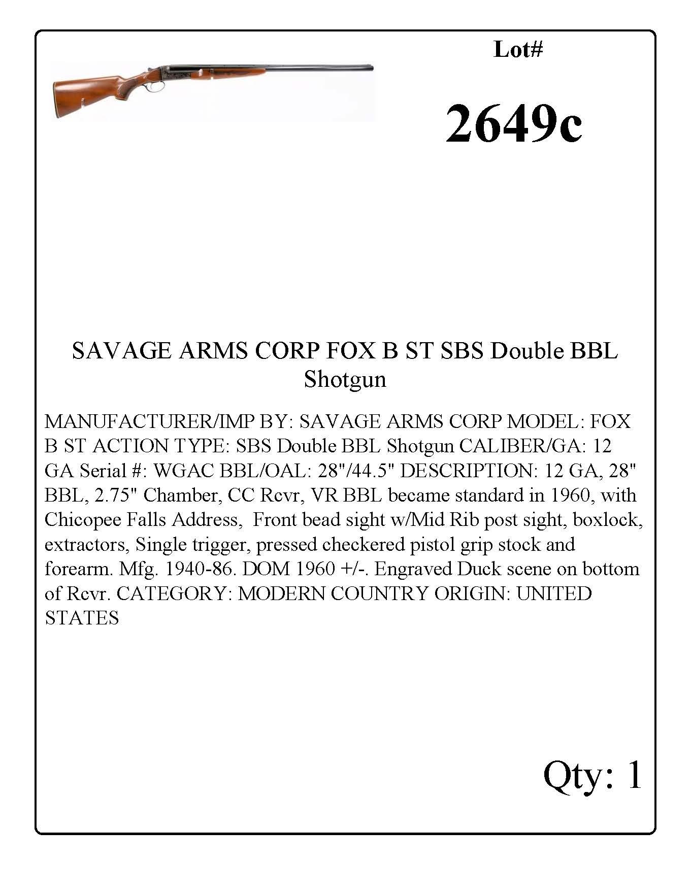 SAVAGE ARMS CORP FOX B ST SBS Double BBL Shotgun 12 GA
