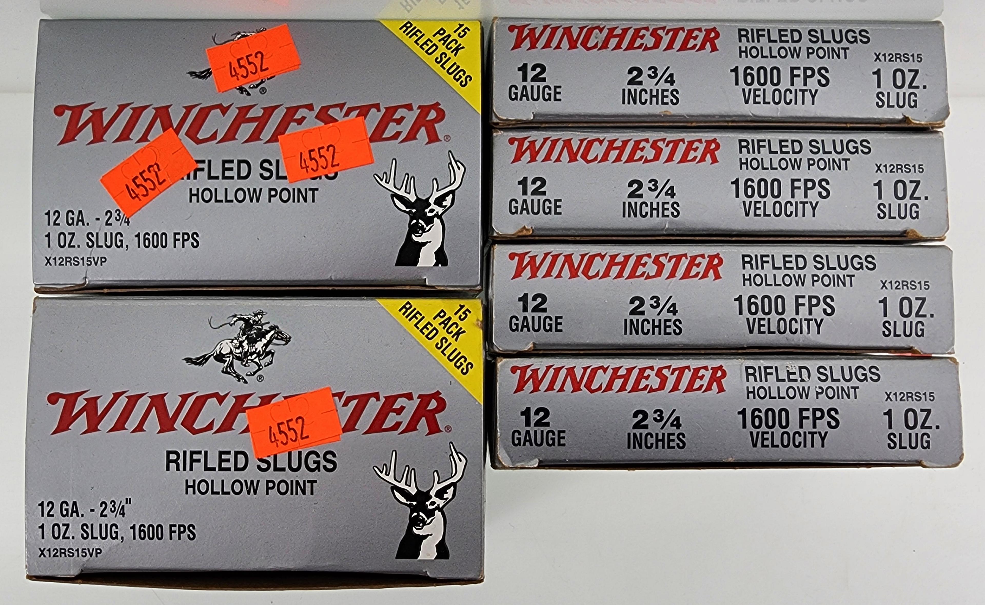 46 +/- Winchester 12 GA Rifled 1 Oz 2.75" lead  slugs. Four Boxes of 5 Each. One Box of 15