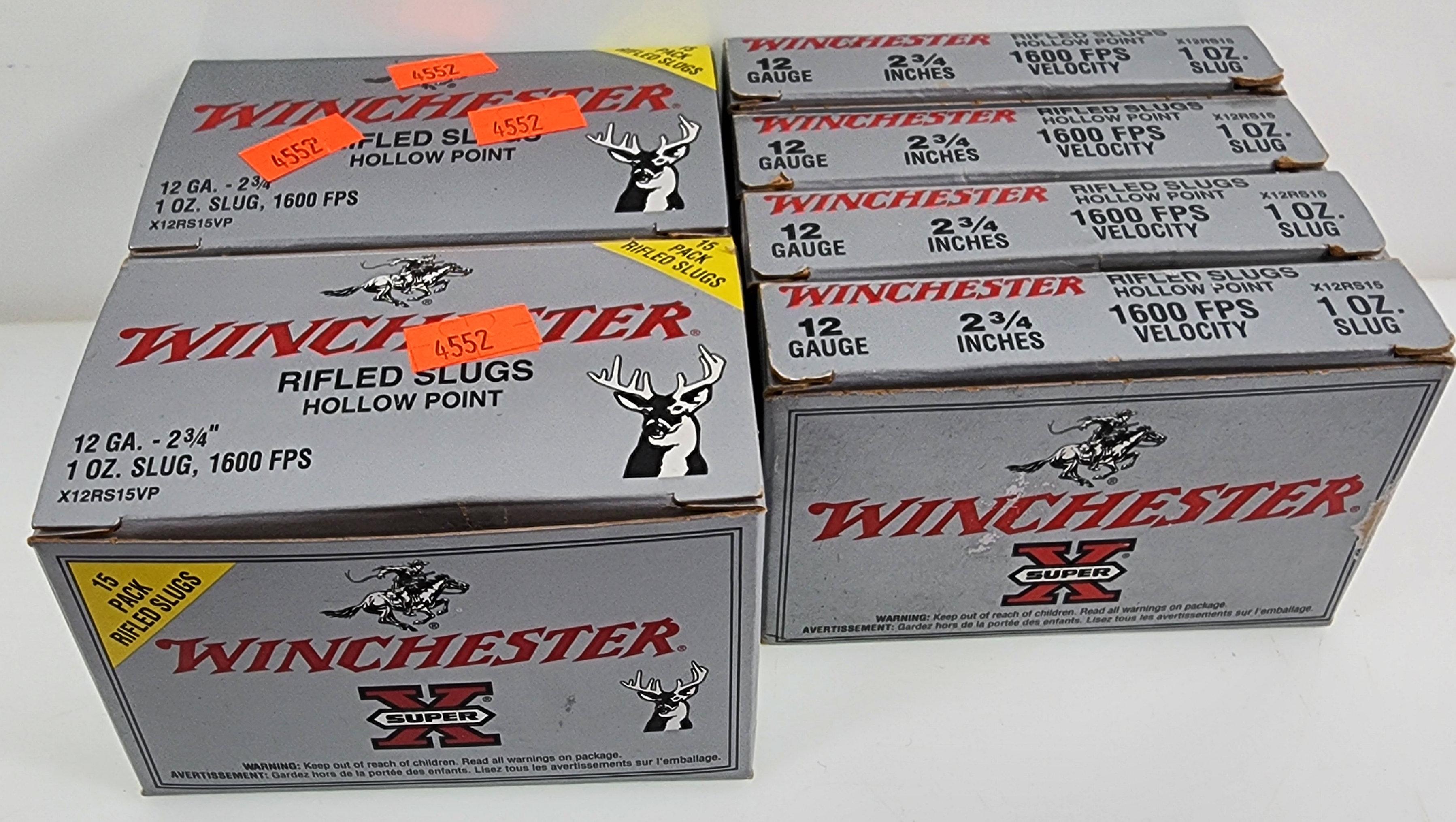 46 +/- Winchester 12 GA Rifled 1 Oz 2.75" lead  slugs. Four Boxes of 5 Each. One Box of 15