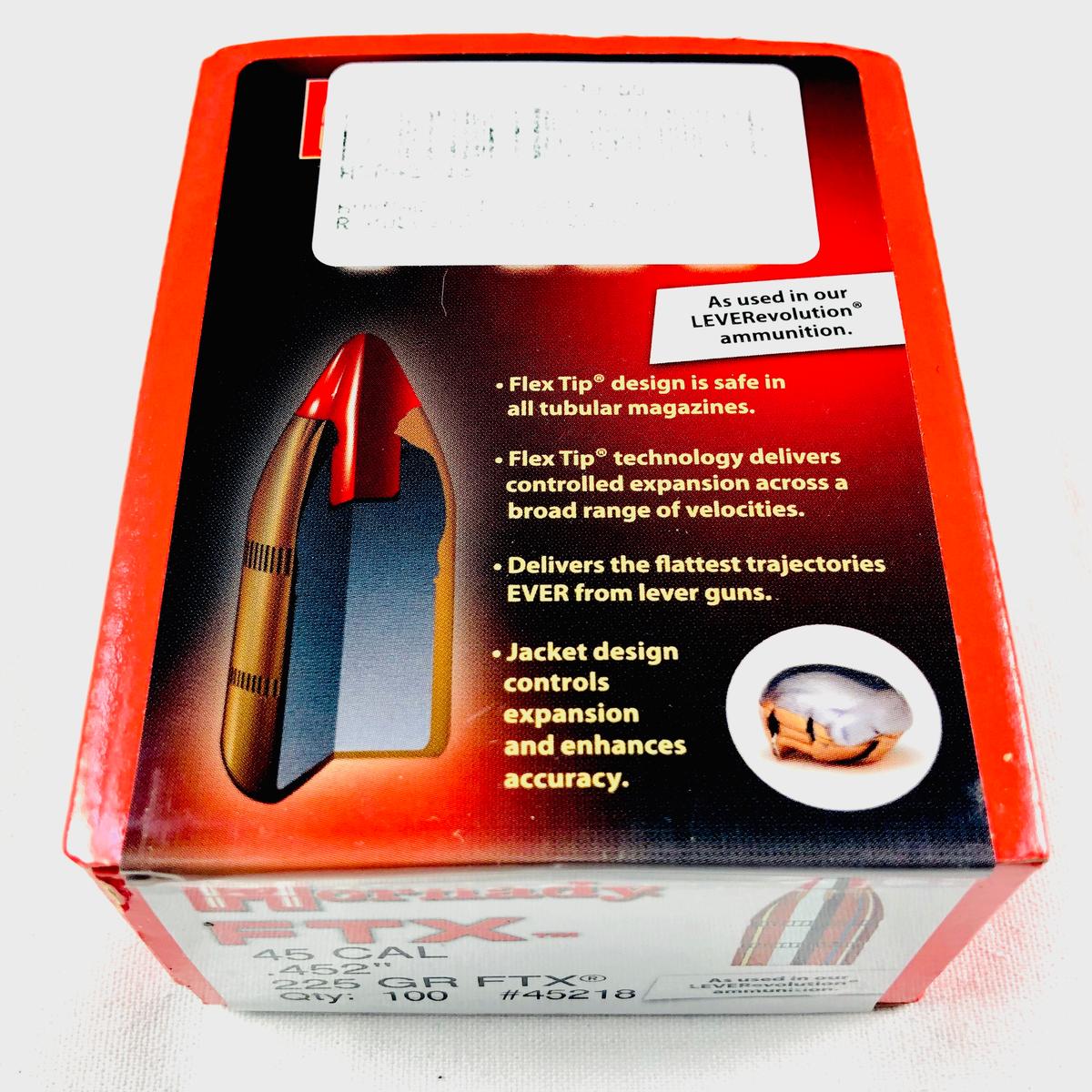 Lot of 5 new boxes of Hornady FTX #45218, 45 cal .452", 225 GR FTX bullets: 100 per box