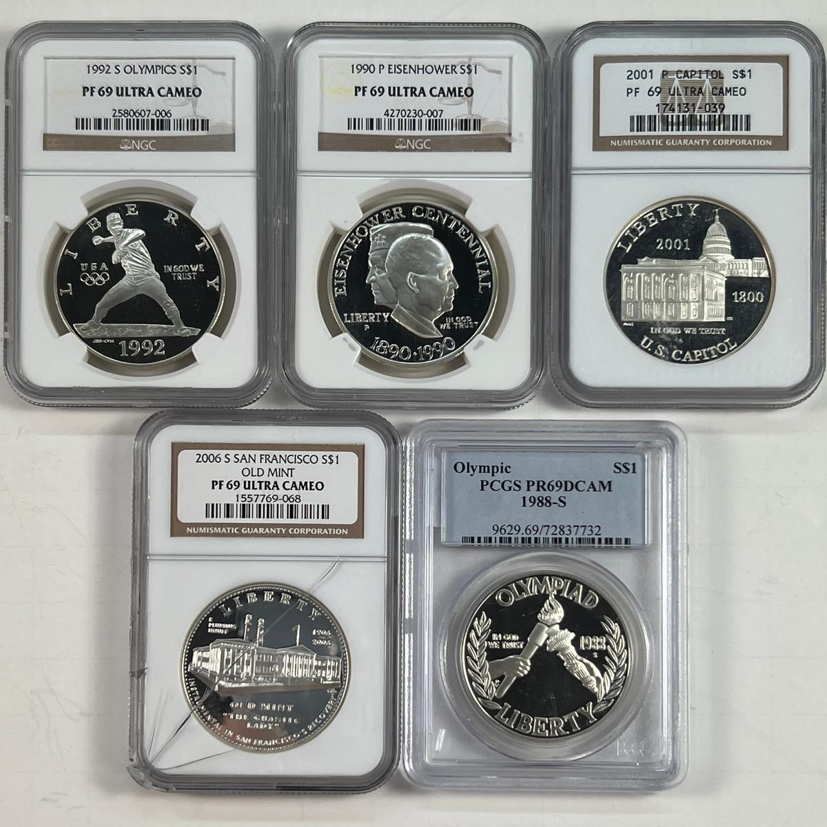 Lot of 5 certified proof U.S. commemorative silver dollars