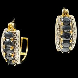 Pair of estate sterling silver gold-accent diamond & sapphire hoop earrings