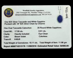 New Orianne sterling silver tanzanite & white sapphire pendant with sterling silver rope chain