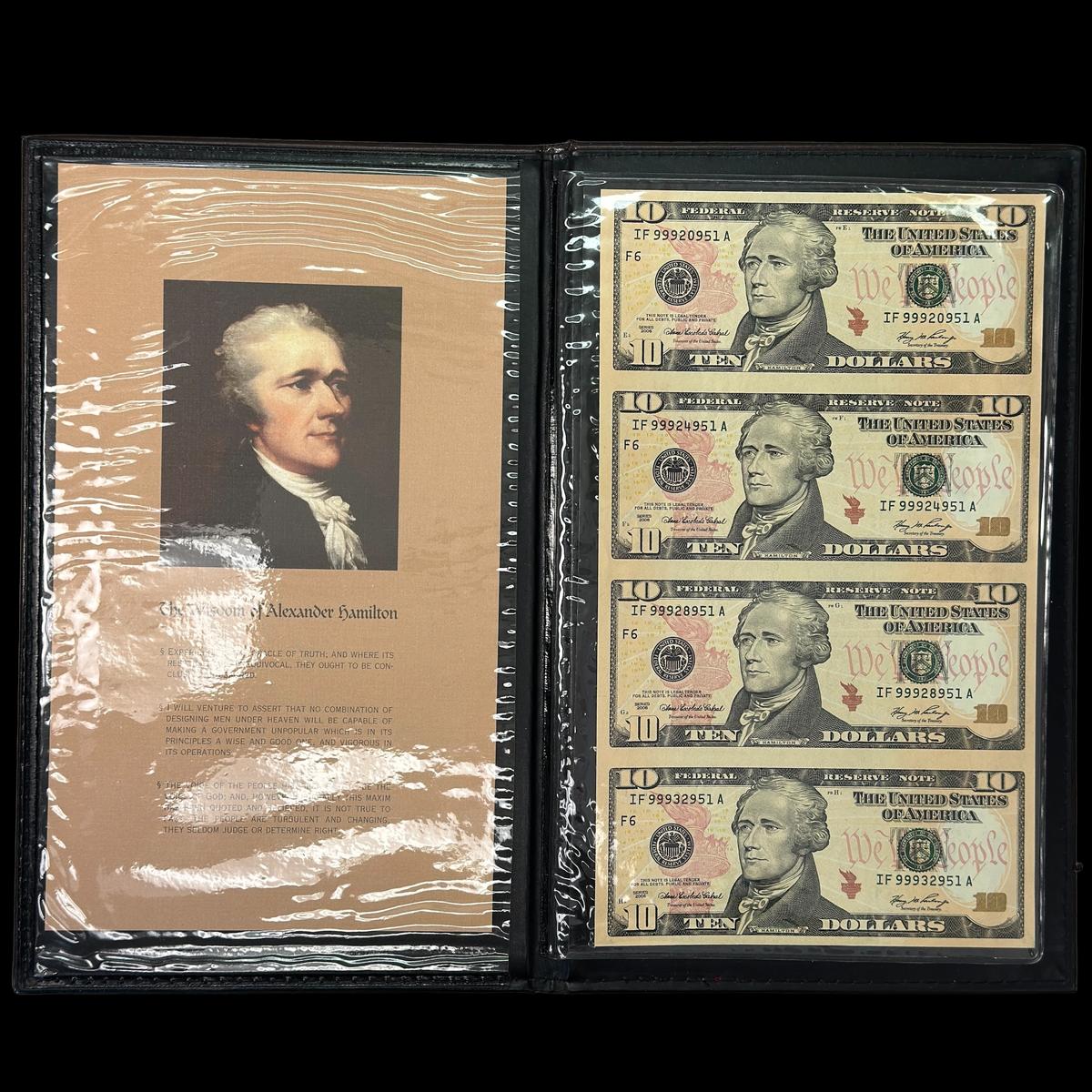 Uncut sheet of 4 2006 U.S. green seal $10 Federal Reserve banknotes