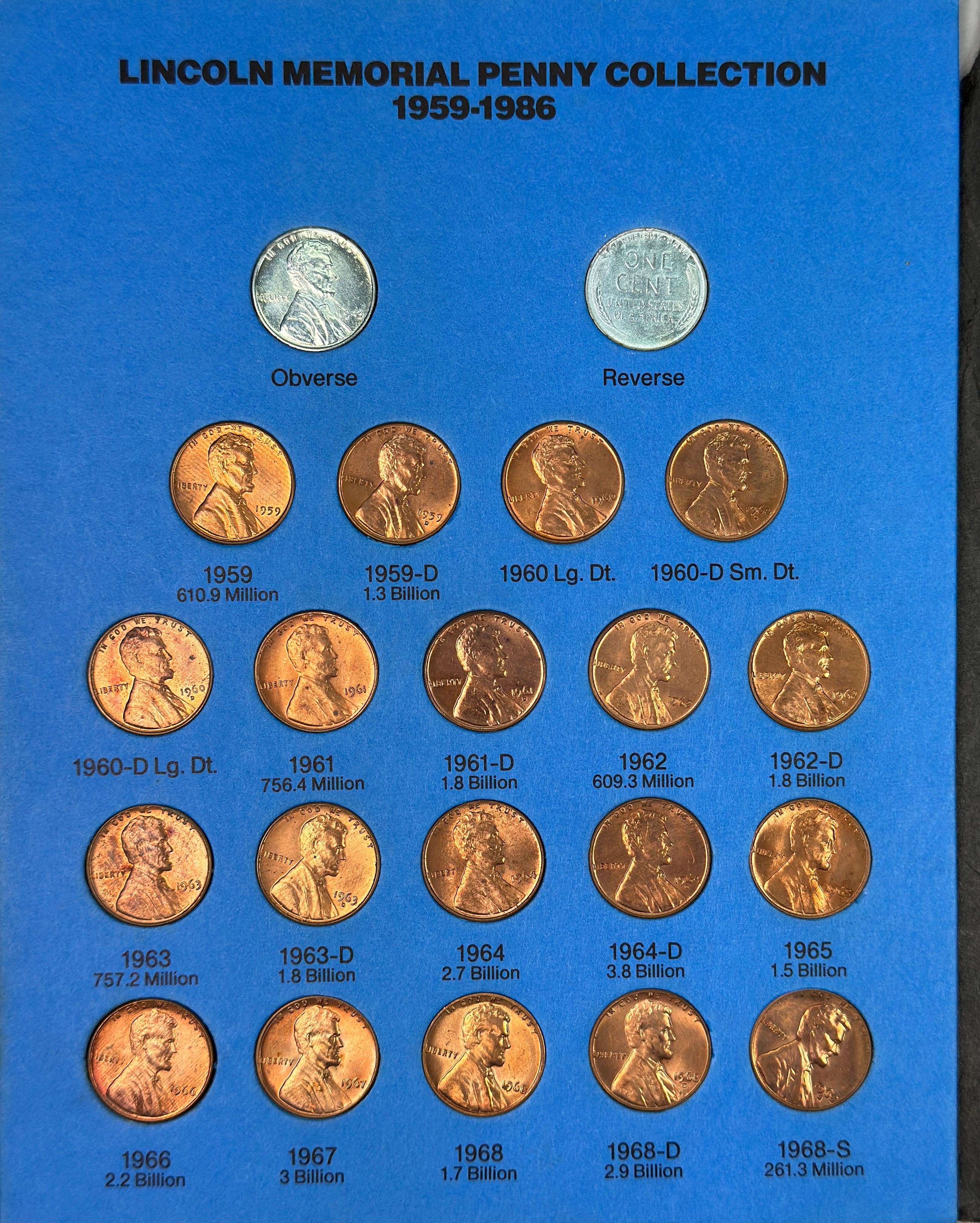 Complete 57-piece set of uncirculated 1959-1986 U.S. Lincoln cents
