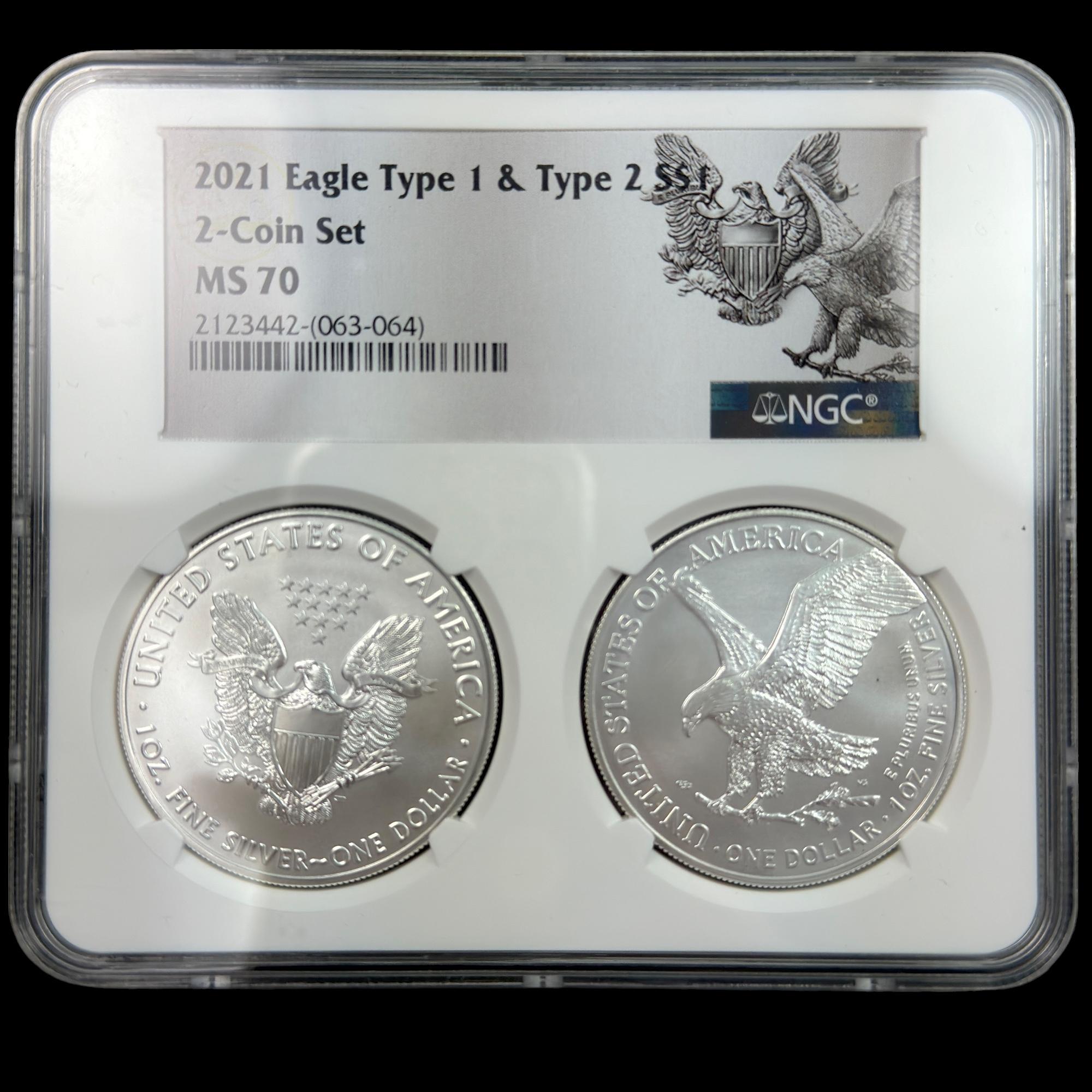 Pair of certified 2021 U.S. American Eagle silver dollars