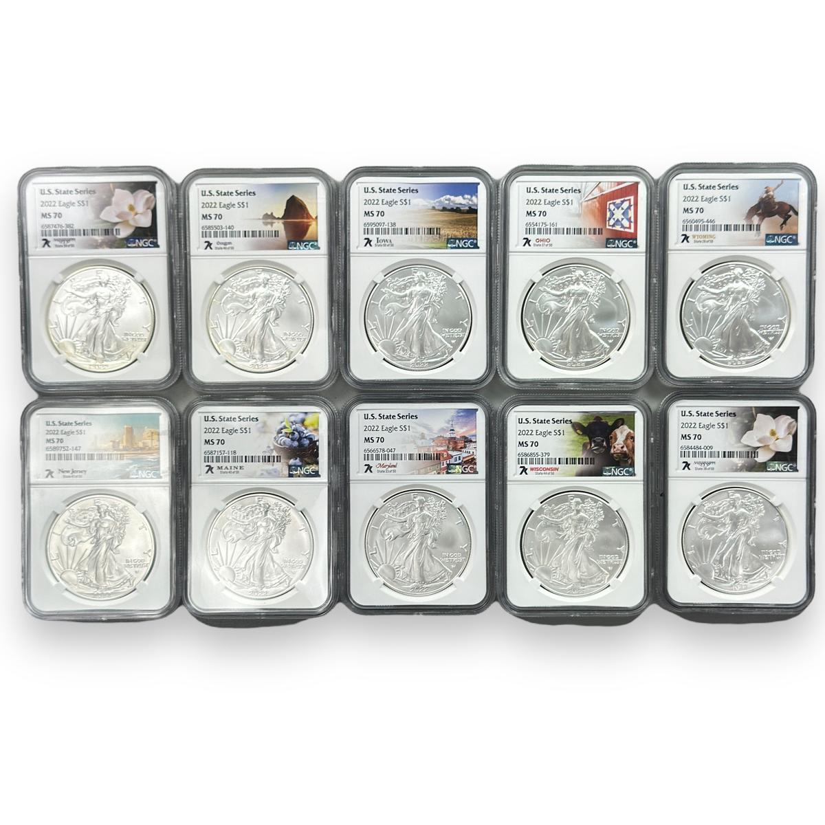 Investor's lot of 10 certified 2022 American Eagle silver dollars