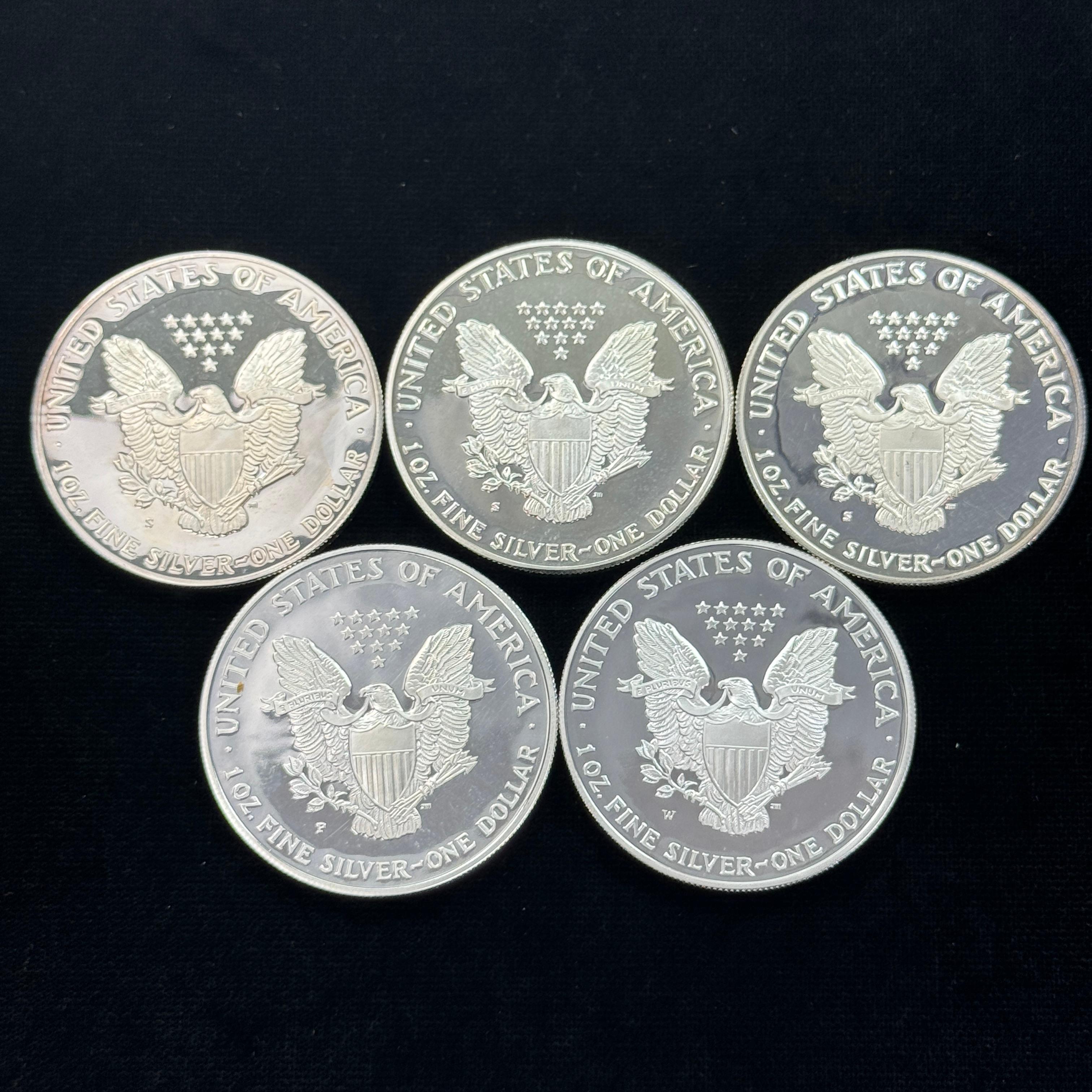 Lot of 5 proof U.S. American Eagle silver dollars