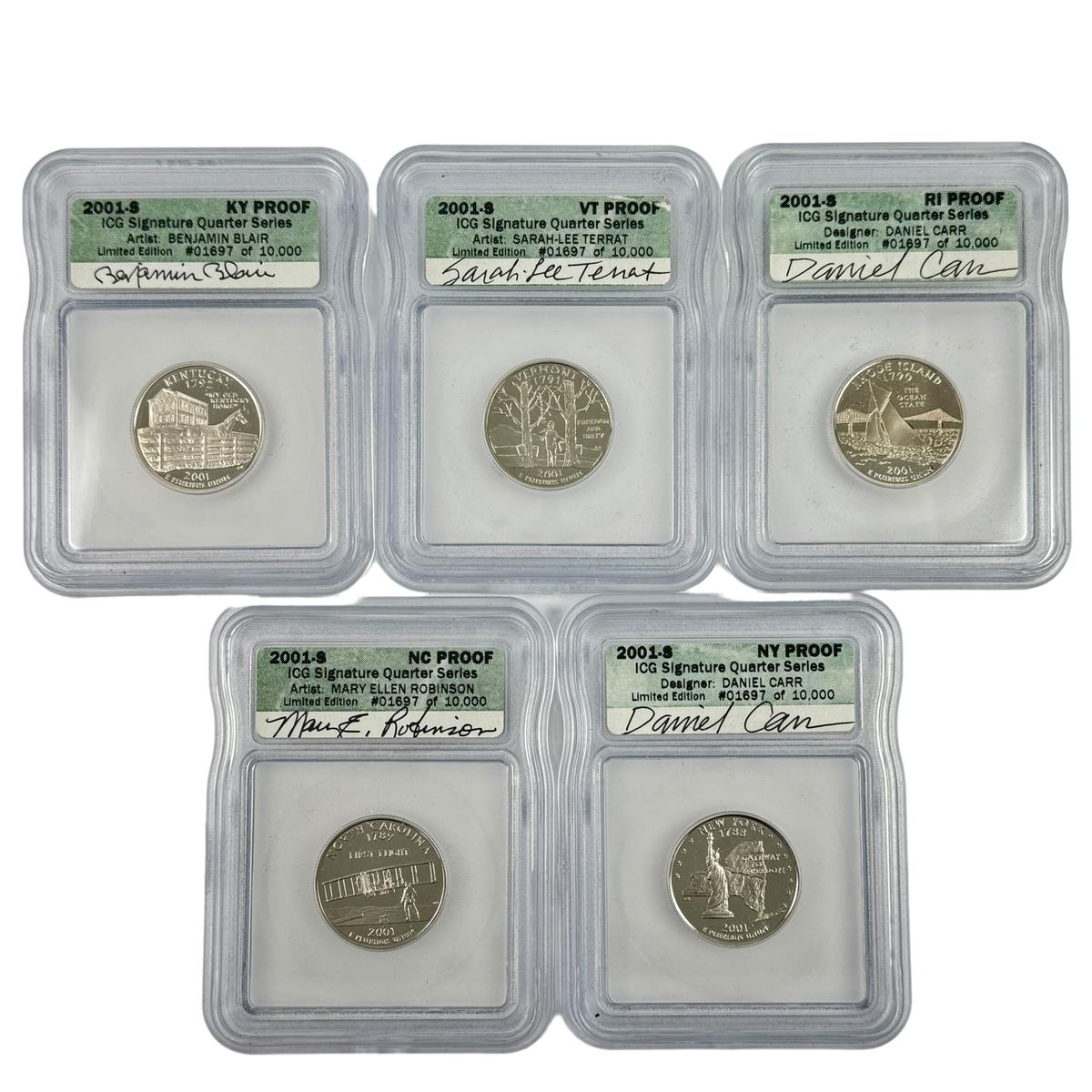 Lot of 5 certified autographed proof 2001-S U.S. state quarters