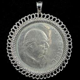 1965 Great Britain commemorative Churchill crown in a white medal pendant