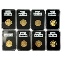 Continuous run of 8 proof deep cameo 2000-S through 2007-S U.S. Sacagawea dollars