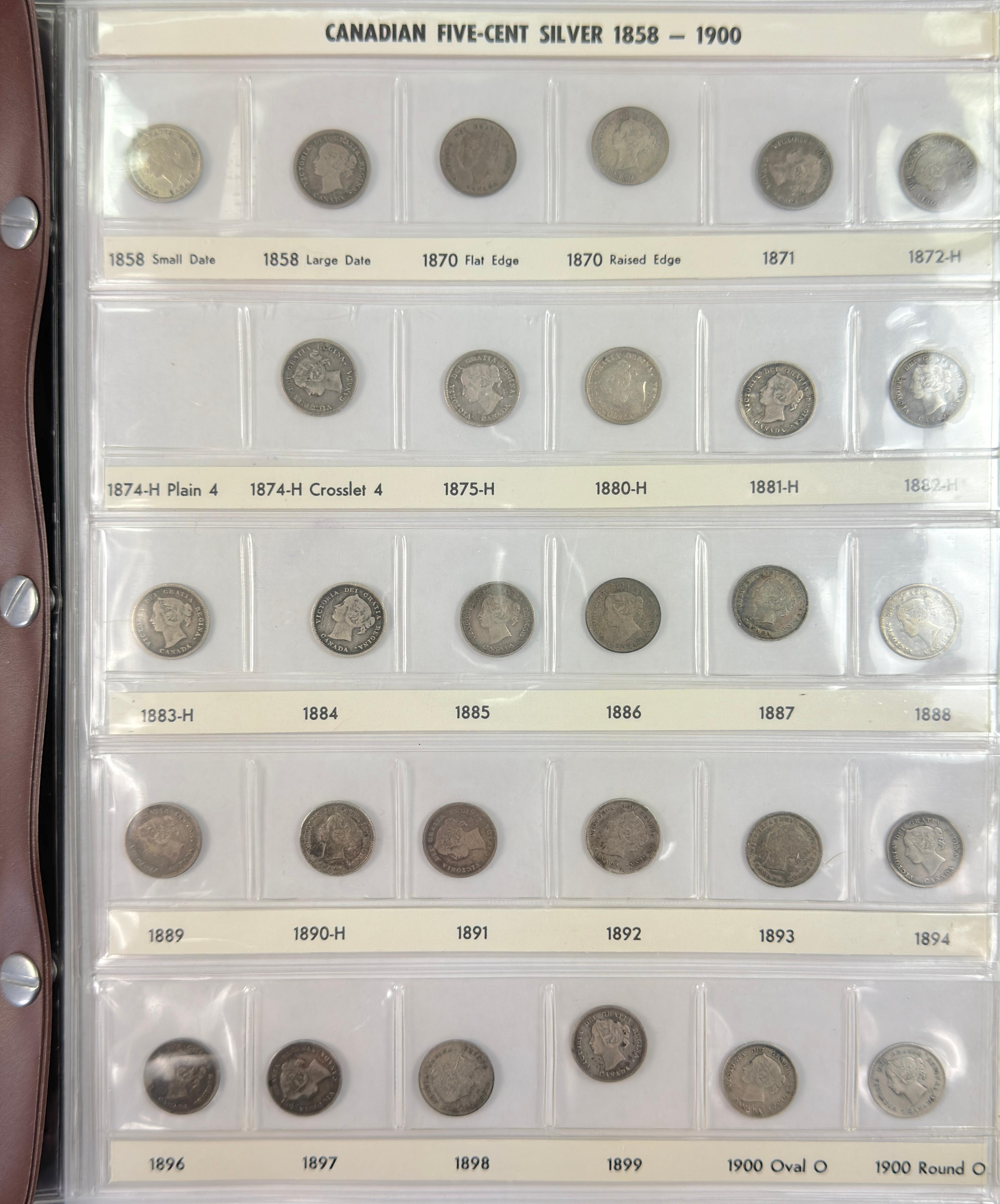 Near-complete 55-piece set of Canada silver 5-cent pieces from 1858-1920
