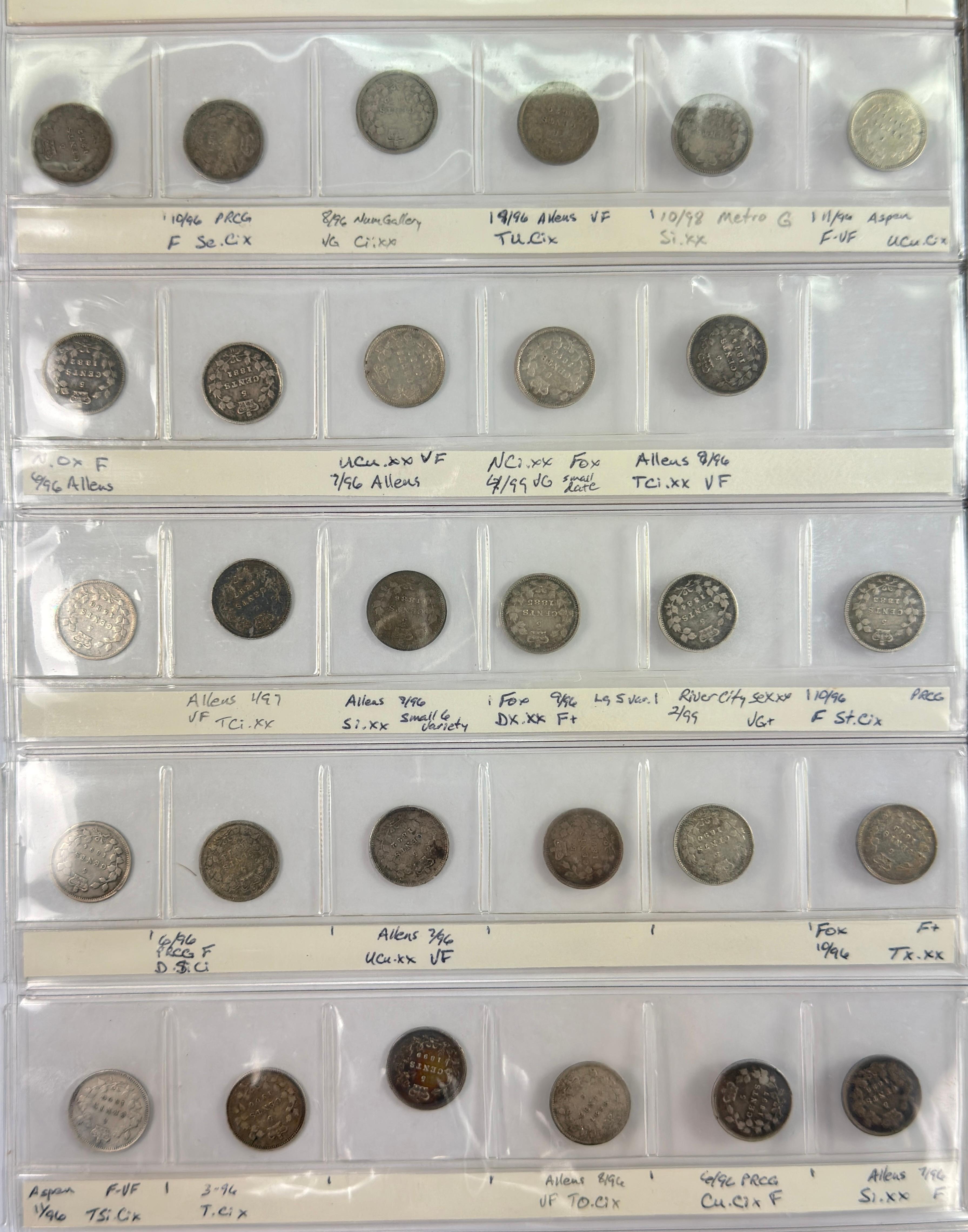 Near-complete 55-piece set of Canada silver 5-cent pieces from 1858-1920