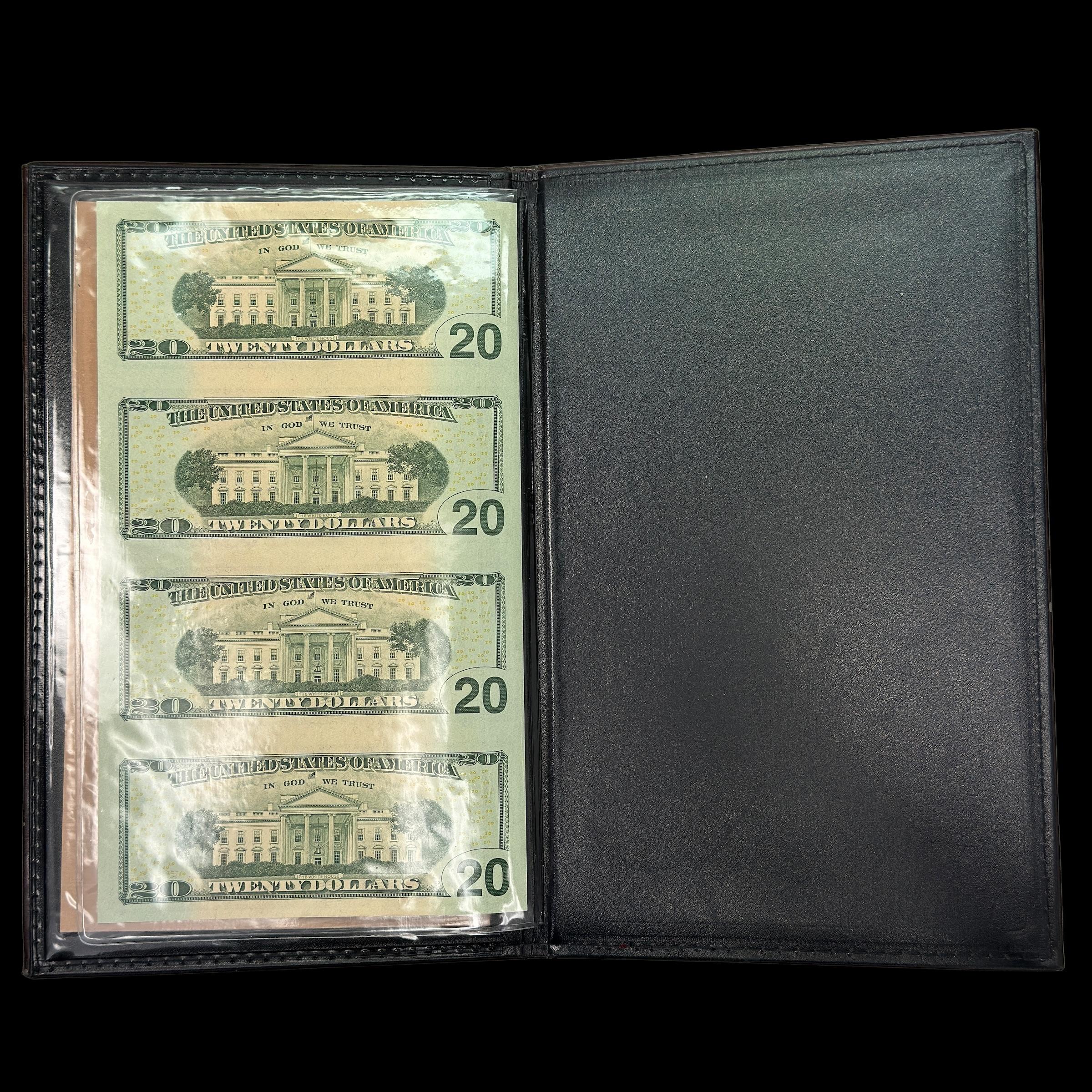 Uncut sheet of 4 2004A star note U.S. green seal $20 Federal Reserve banknotes