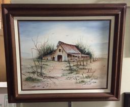 Framed Barn Painting, Signed 15.5x19.5 in.
