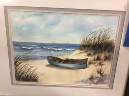 Framed Boat & Ocean Scene Painting, Signed, 15.5x19.5 in., Won 1st Place in