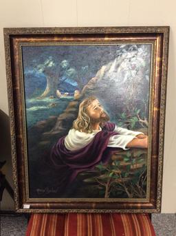 Framed, Signed Painting of Jesus Kneeling  15.5x19.5 in.