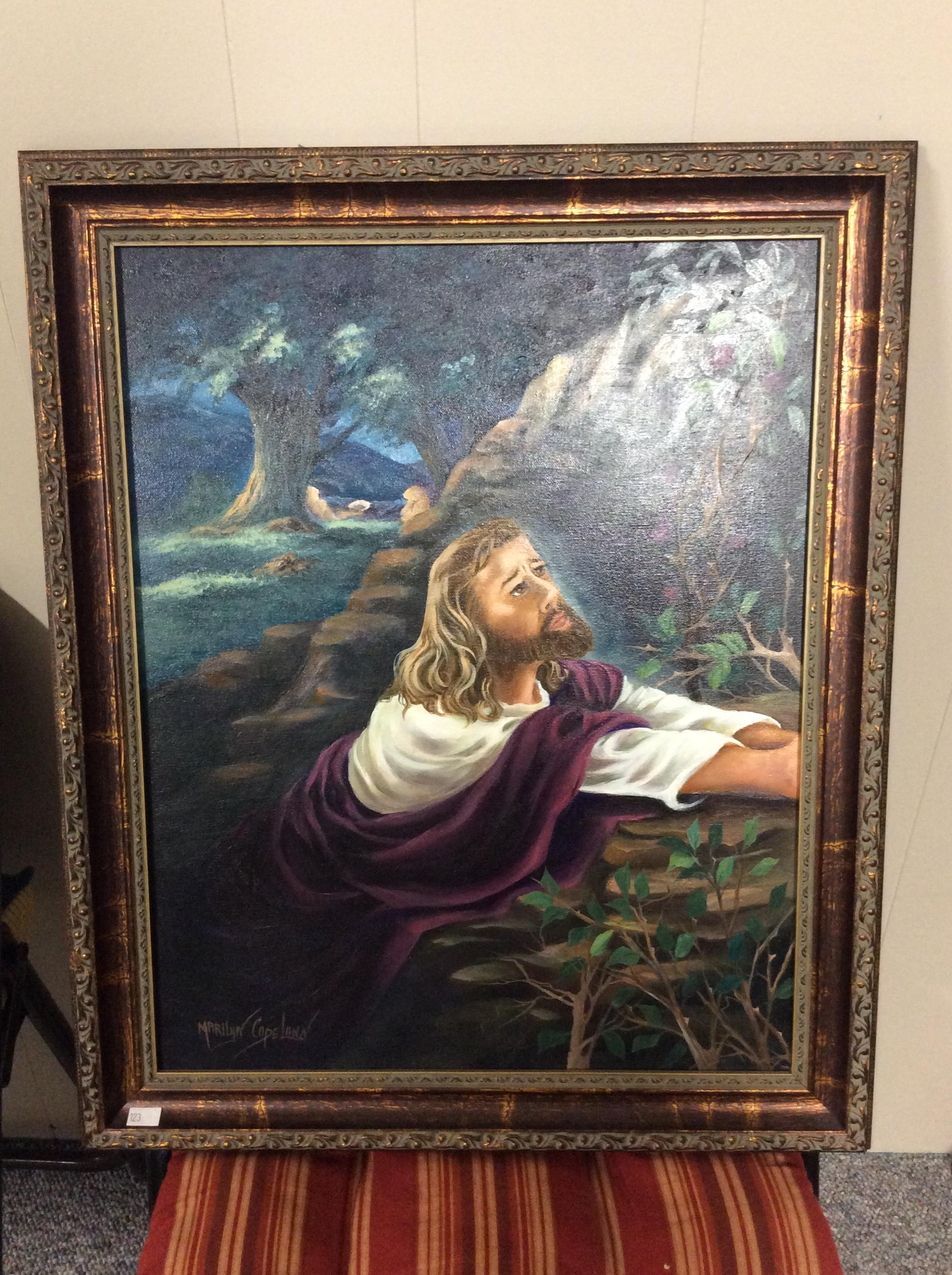Framed, Signed Painting of Jesus Kneeling  15.5x19.5 in.