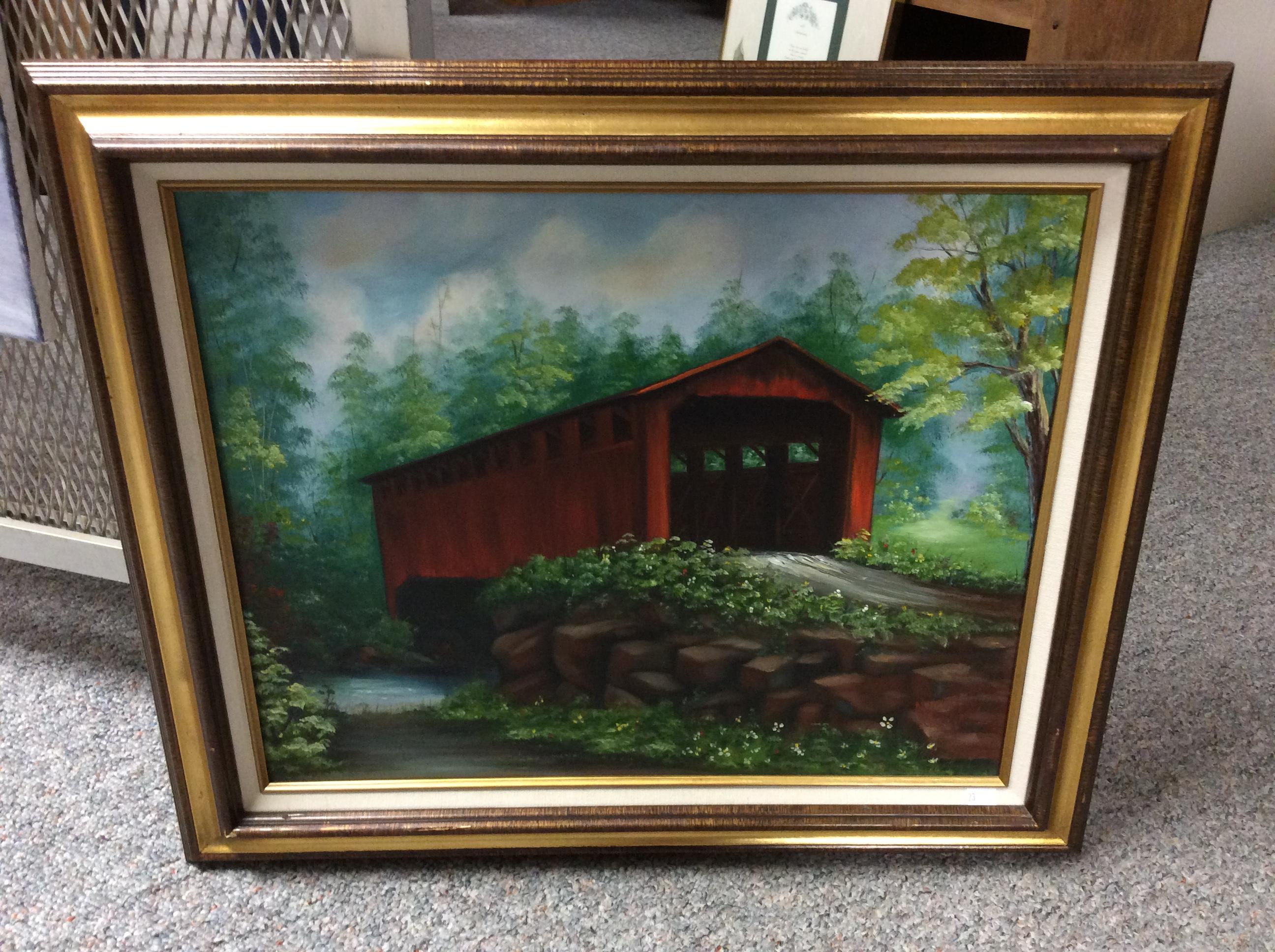 Framed Covered Bridge Painting, 15.5x19.5 in.