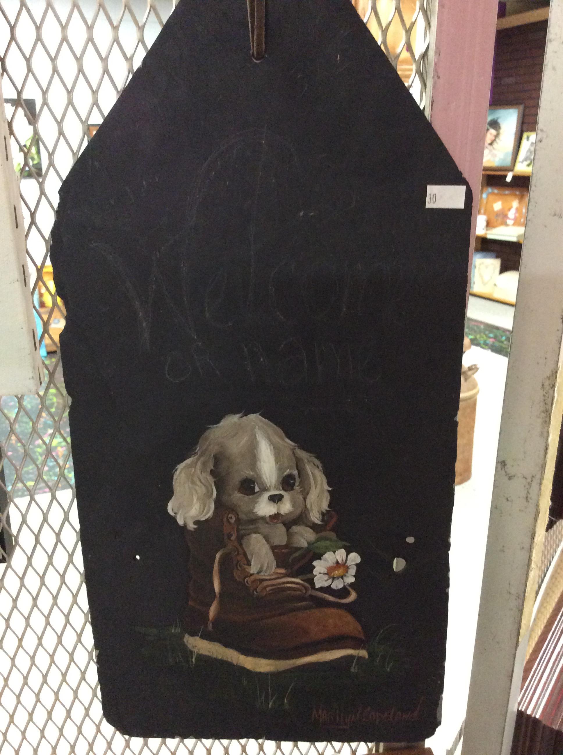 3 Paintings, on Slate & Framed: Welcome Dog, Winter Barn Scene & Owl