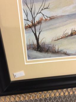 Framed, Signed Winter Barn Painting 13x13 in.