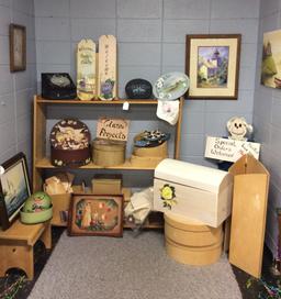 Assorted Art Pieces, Shelf, Painted Boxes, Framed Items, PICK UP ONLY