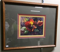 Framed Flower, Signed Painting 15.5x19.5 in.