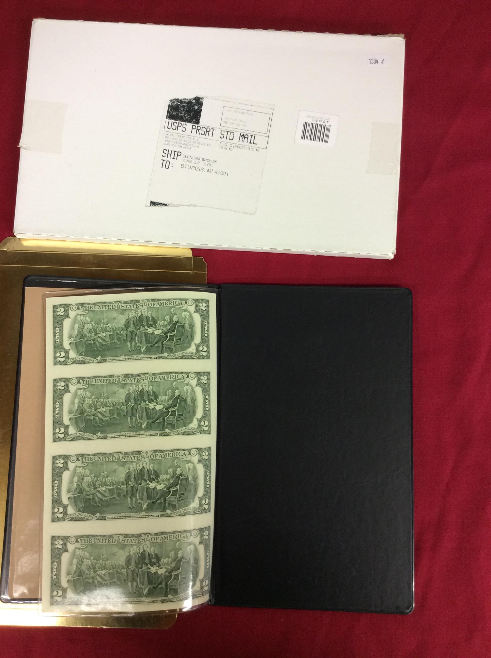 2 Partial Sheets of 2003 $2 Bills (8 bills total)