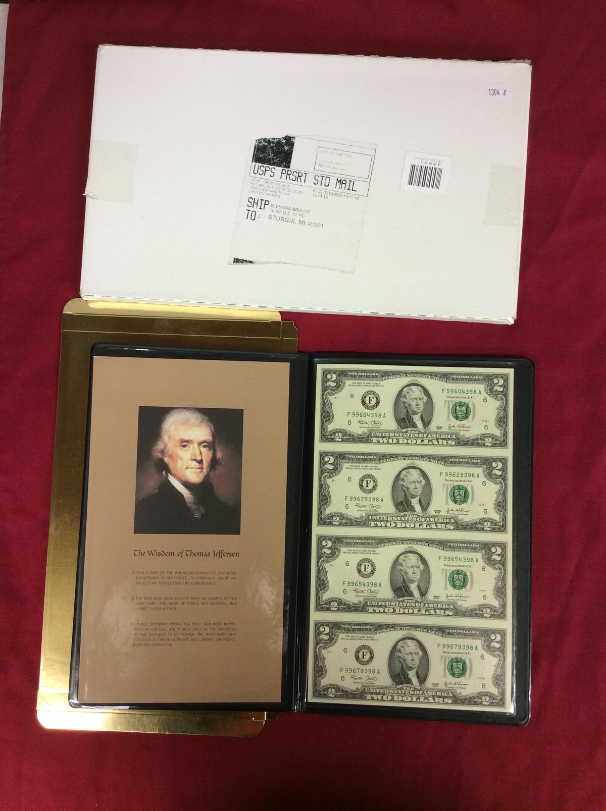 2 Partial Sheets of 2003 $2 Bills (8 bills total)